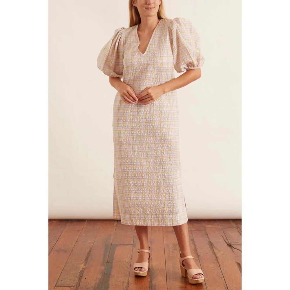 GANNI Seersucker Check Print Puff Sleeve Midi Dress